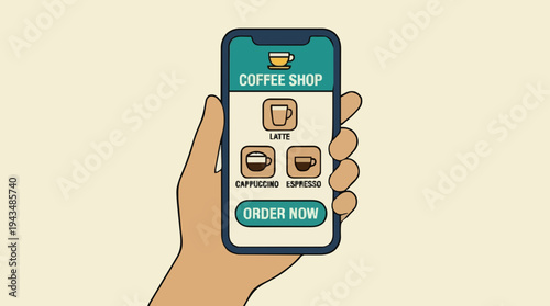 Pixel art hand holding smartphone displaying coffee shop app with order now button on beige background