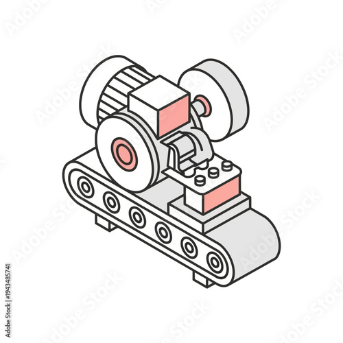 Isometric line art illustration of an industrial conveyor belt machine with a motor and processing unit.