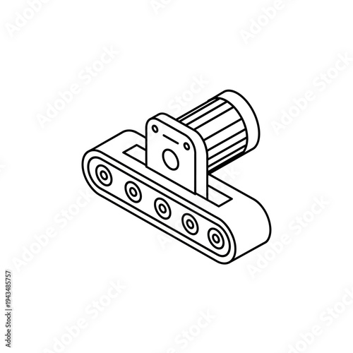 Isometric line art illustration of a conveyor belt system with a motor, depicting industrial automation and material handling.