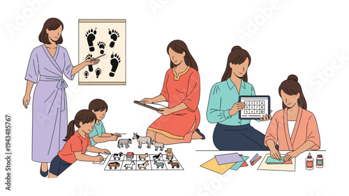 Creative Learning in Classroom: A warm classroom environment showcases diverse learning activities, with teachers and children enthusiastically involved in hands-on projects.