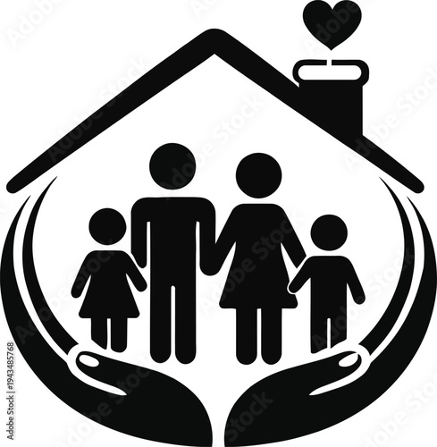 Family protection concept with house and caring hands symbol. Perfect for home insurance, family care, protection service, social support and charity organization logo design.