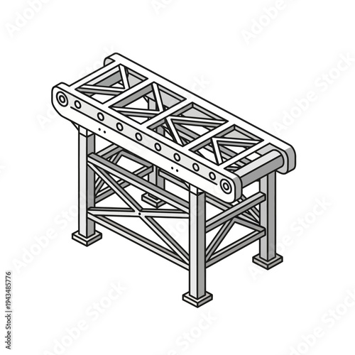 Isometric line drawing of an industrial conveyor belt system with a sturdy metal frame, used for material handling and automation in factories.