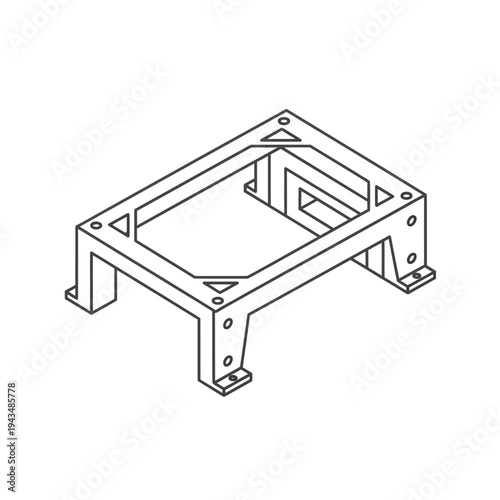 Isometric line drawing of a rectangular industrial metal frame with four legs and multiple mounting points for machinery or equipment support.
