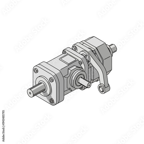Detailed isometric view of a gray industrial hydraulic pump or motor assembly with shafts and mounting bracket.