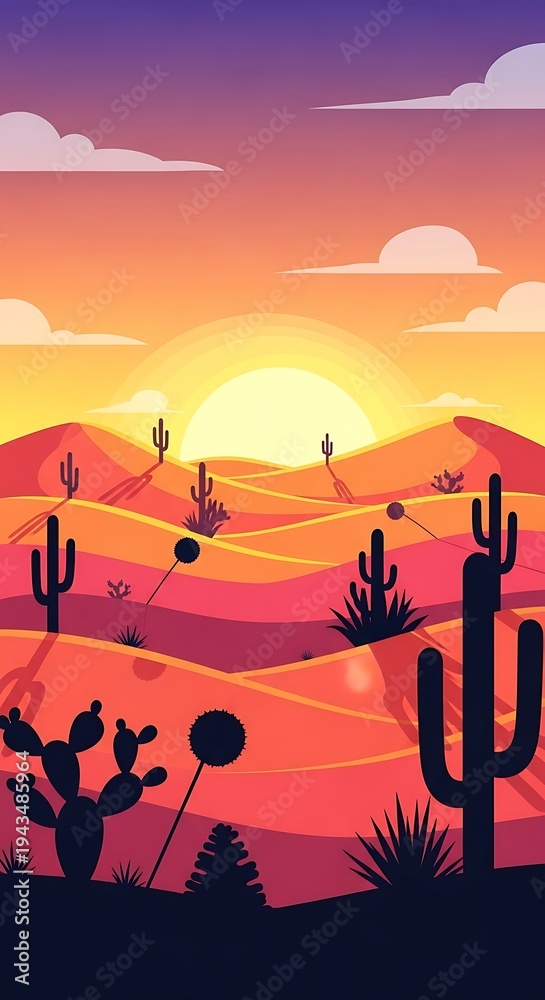 Fototapeta premium Sunset Serenity - A Desert Landscape with Cacti and Warm Colors.