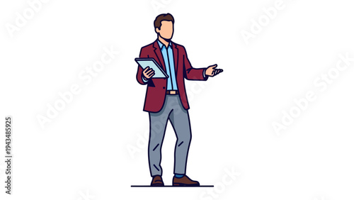 The Art of Presentation: A sophisticated individual, impeccably dressed in a tailored suit, stands poised with a tablet in hand, engaging an audience with articulate gestures.