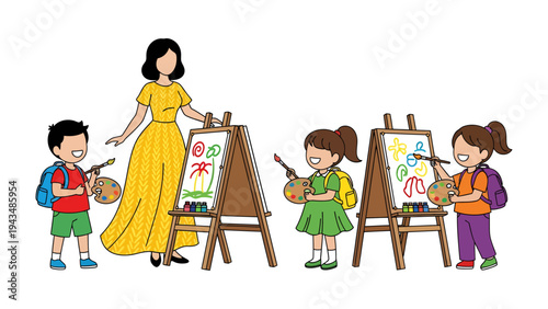 Art Class Moments: A vibrant art class unfolds as a teacher guides children in expressing their creativity through painting on easels, each brushstroke a testament to the joy of artistic exploration.