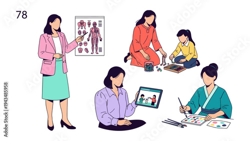 Education and Creative Activity: Illustrative depiction showing various scenes with an educator and activities
