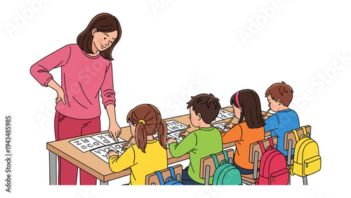 Classroom Collaboration: A dedicated instructor guides attentive students through their studies, creating a supportive learning environment.