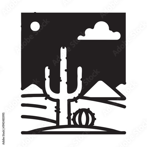 A desert landscape with a cactus under a blue moonlit sky and clouds.