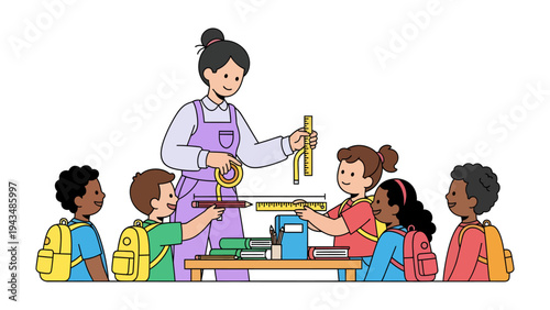 Educational Encounter: A teacher guiding a group of enthusiastic young learners through an engaging measurement lesson, fostering curiosity and the joy of learning.