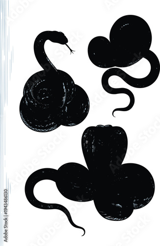 Black silhouettes of various snakes including cobra and python for wildlife design