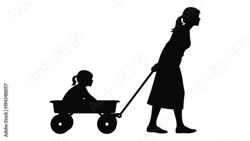 A woman pulling a child in a wagon