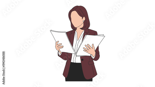 Reviewing Paperwork: A focused businesswoman intently reviews important documents. Her attire reflects professionalism and diligence. The minimalist backdrop emphasizes the importance of her task.
