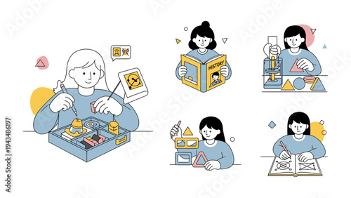 Curious Minds at Play: A collection of illustrations showcasing a girl engaged in various activities, each one sparking curiosity and imaginative exploration, encompassing education, arts.