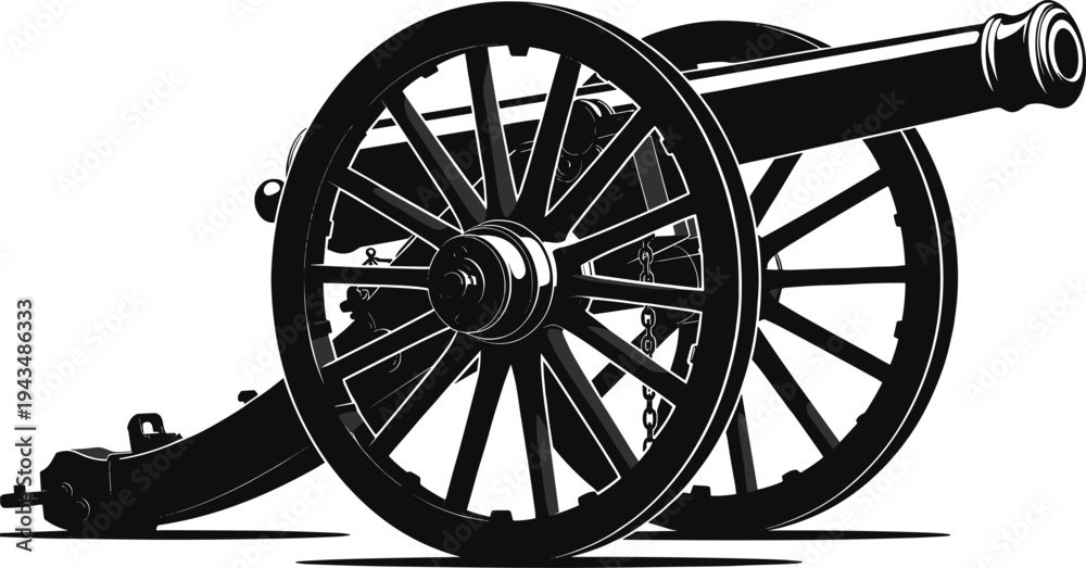 Fototapeta premium Detailed Black Silhouette of a Classic Military Cannon with Large Spoked Wheels for Historical Warfare Battlefield Reenactments Weaponry Artillery Education and Vintage Army Design Elements