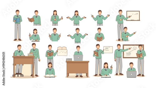 Educational Illustration: A series of animated characters depicting various roles in education, creating a visual narrative suitable for illustrating concepts related to knowledge and training