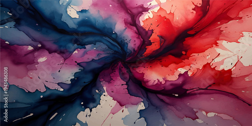An abstract watercolor painting features a colorful splash of red, blue, and pink ink on grunge paper texture with artistic brush strokes and decorative paint spots for a vibrant wallpaper design