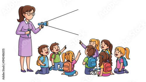 School Field Trip: A teacher leads a group of children on an exciting field trip, pointing toward an unknown object in the sky with a telescope, sparking curiosity and wonder in the young minds.