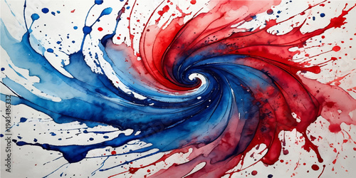 Vibrant red and blue abstract watercolor background featuring a swirling vortex pattern with fractal textures and motion waves in a colorful heart shaped design