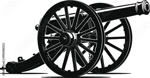 Detailed Black Silhouette of a Classic Military Cannon with Large Spoked Wheels for Historical Warfare Battlefield Reenactments Weaponry Artillery Education and Vintage Army Design Elements