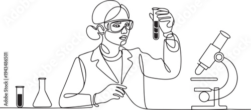 Continuous one line drawing scientific girl looking lab result in tube. Science day concept. one line Icon drawing