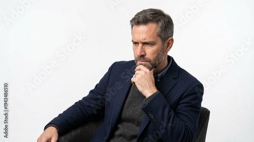 A thoughtful middle-aged man in a navy blue suit jacket sitting in a chair with his hand on his chin