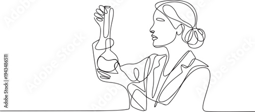 Continuous one line drawing scientific girl looking lab result in tube. Science day concept. one line Icon drawing