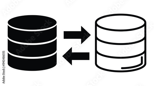 A black and white illustration of two database servers syncing data