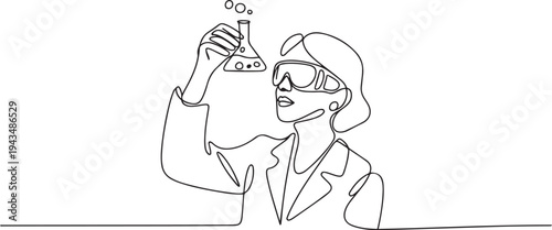 Continuous one line drawing scientific girl looking lab result in tube. Science day concept. one line Icon drawing