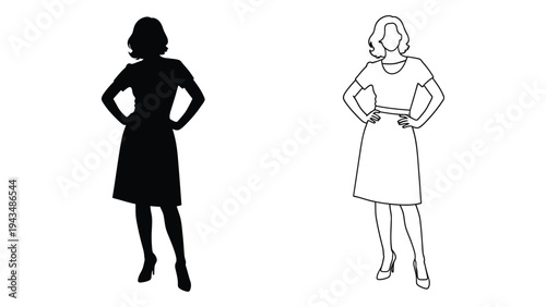 Two women standing with hands on hips in different styles