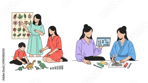 Learning and Growing: Two scenes showcase educators engaging with children. One scene depicts a teacher showing plant specimens.