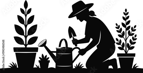 Detailed Black Silhouette of a Woman Gardening and Planting Flowers in a Backyard Garden with a Watering Can for Horticulture Landscape and Green Living Design