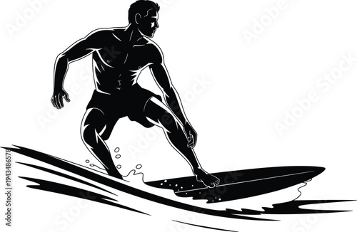 Dynamic black silhouette of a muscular male surfer riding a surfboard on a wave isolated on white background for summer sports design.