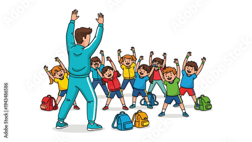 Active and Cheerful: Children and Instructor Enjoying Exercise: A group of excited kids is participating in an exercise session. The instructor leads the children.