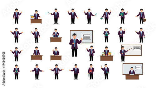 Versatile Professional Poses: A set of illustrations showcasing a male business professional in various poses, designed to illustrate different professional scenarios.