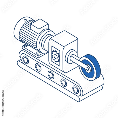 Isometric line art illustration of an industrial machine with an electric motor, gearbox, and a rotating wheel on a conveyor base.