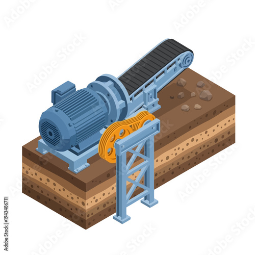 Isometric illustration of a heavy-duty industrial conveyor belt system with a large motor on a layered ground cross-section, depicting mining or construction equipment.