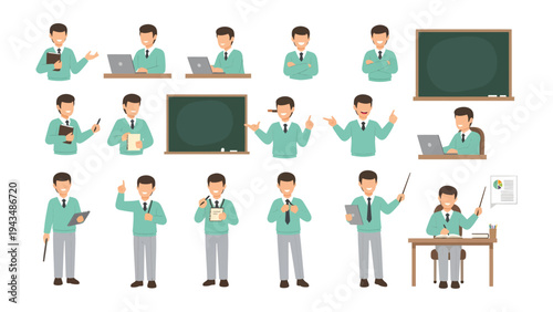 Animated Educator in Action: A series of animated images featuring a knowledgeable teacher in various poses, from lecturing and interacting to highlighting concepts, capturing his dynamic presence.