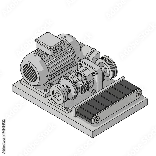 Isometric illustration of a mechanical conveyor belt system powered by an electric motor and gears, showcasing industrial automation components.