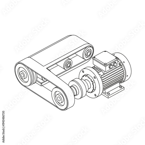 Isometric illustration of a belt conveyor system powered by an electric motor, showcasing mechanical components and power transmission.
