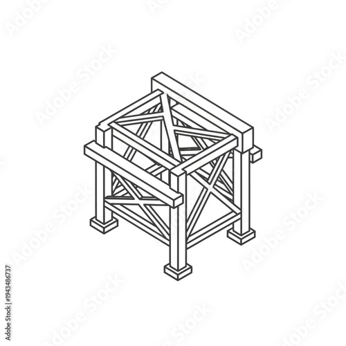 Isometric illustration of a wooden scaffolding structure with cross bracing and square base supports.