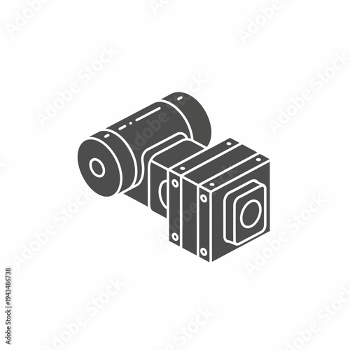 Isometric illustration of a camera lens assembly with a cylindrical lens and a square housing, representing optical technology.