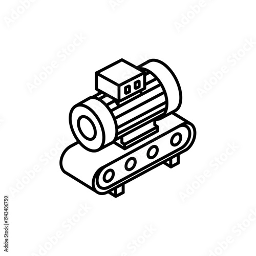 An isometric line art illustration of an electric motor mounted on a conveyor belt system, symbolizing industrial machinery and automation.