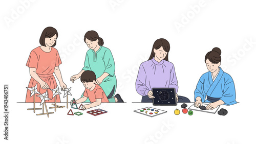 Family Moments: A collection of tender moments captured with three mothers and a child, engrossed in various activities that demonstrate the bond of familial ties and everyday experiences.