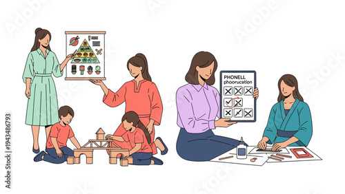Moments of Nurturing and Learning: A heart-warming illustration of mothers engaging in various educational activities with children. Depicting a scene of learning and connection. 