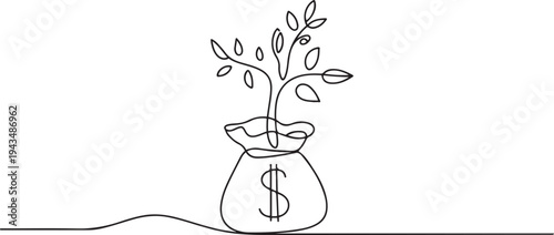 Continuous one line drawing small tree in money bag. Budget planning concept. Single line draw design vector graphic illustration. one line Icon drawing