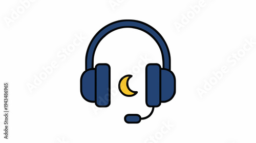 Dark Blue Headphones with Microphone and Crescent Moon Icon on White Background for Music or Gaming