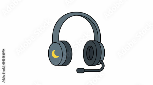 Gray Over Ear Headphones With Yellow Crescent Moon Logo And Microphone On White Background