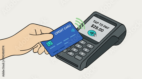 Hand Holding Blue Credit Card For Tap To Pay Transaction At Point Of Sale Terminal Showing 25 Dollar Amount With Wi-Fi Signal Icons Above
